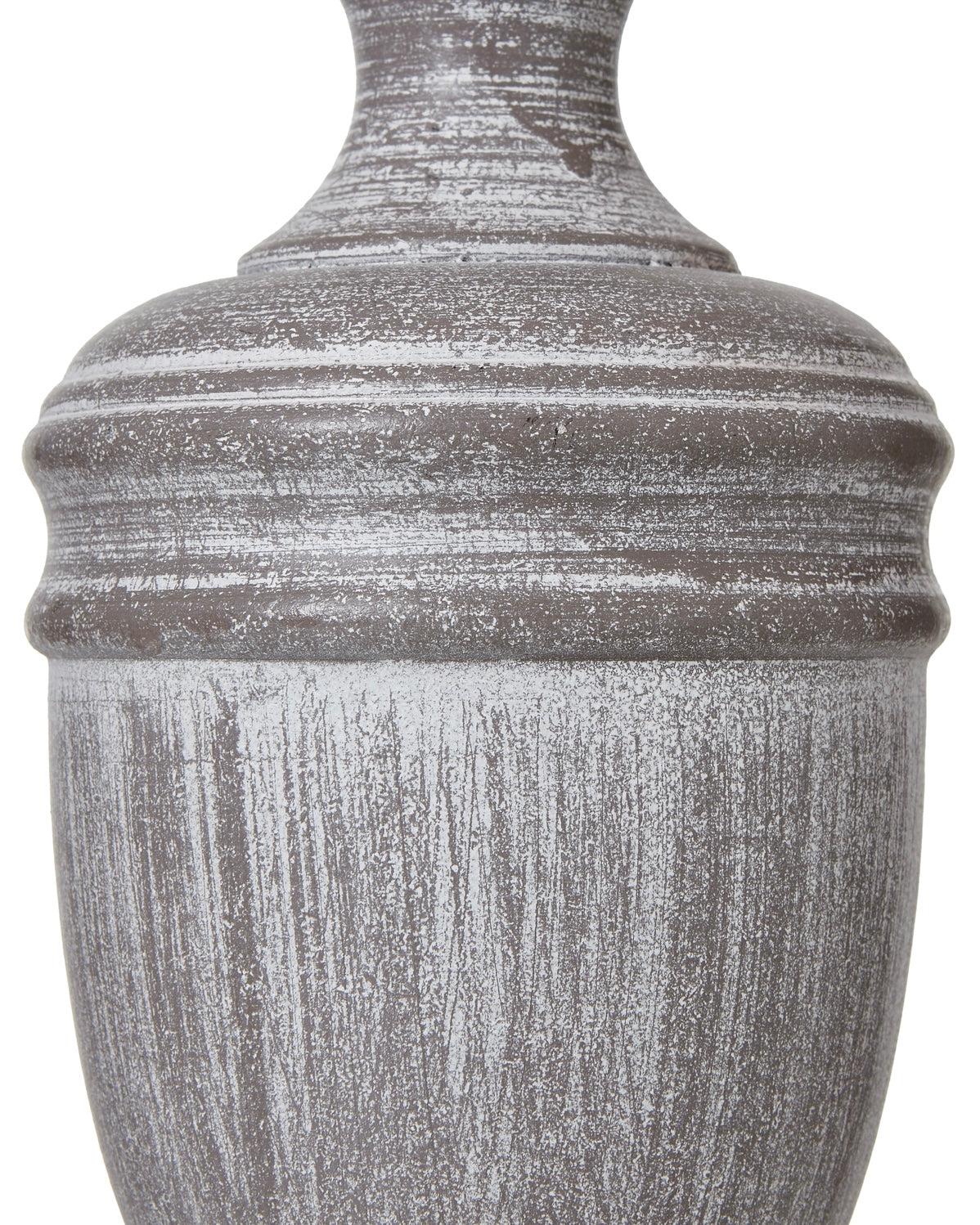 Weathered grey wooden lamp by Hill Interiors, stylish lighting with a rustic design, featuring a wooden base and fabric shade.