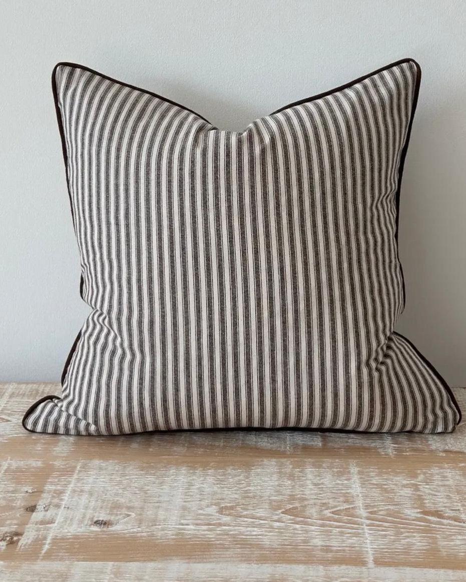 Dark brown and white pinstripe cushion cover from Ellenvale Trade, soft cotton blend luxury fabric with piped edges.