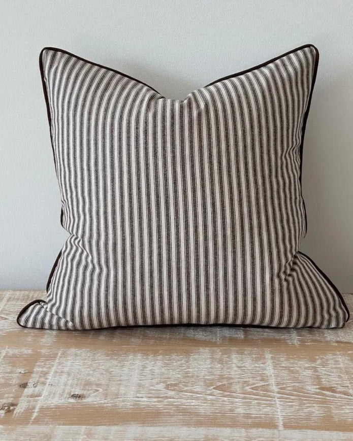 Dark brown and white pinstripe cushion cover from Ellenvale Trade, soft cotton blend luxury fabric with piped edges.