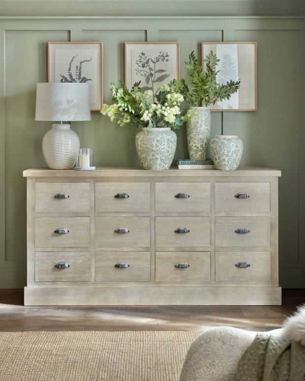 Haldon Collection 12-drawer chest by Hill Interiors, wooden furniture with sleek drawers, ideal for bedroom storage and organization.