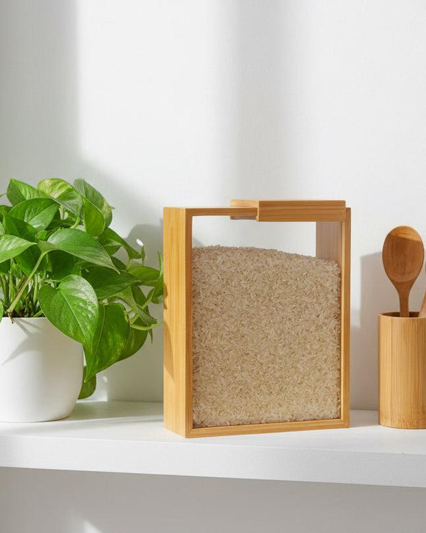 Bamboo pantry storage box from Starlight Express in a kitchen setting, showcasing its eco-friendly design and spacious interior.