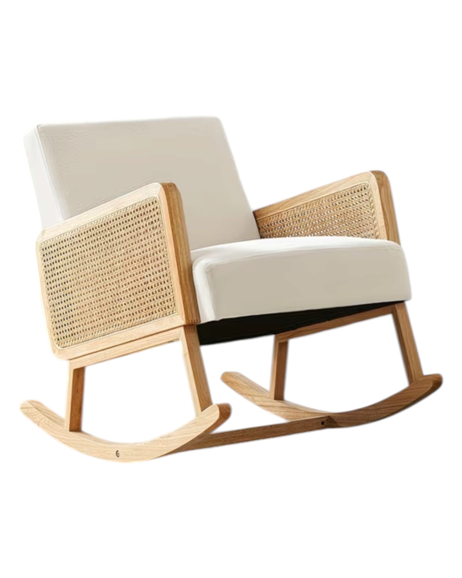 Cream rattan rocking chair from Starlight Express, showcasing a stylish, curved wooden frame and woven rattan seat for comfortable relaxation.