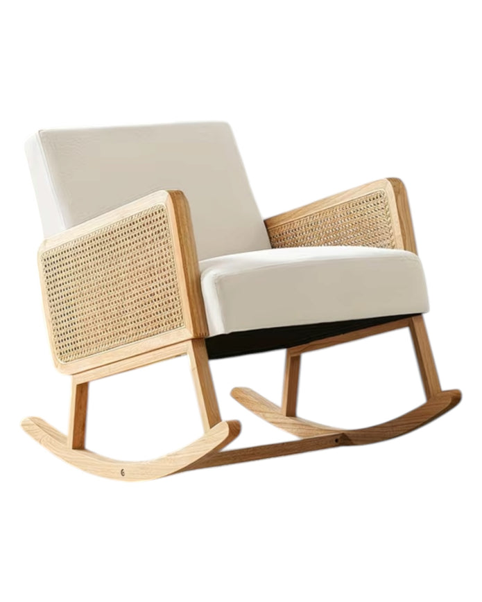 Cream rattan rocking chair from Starlight Express, showcasing a stylish, curved wooden frame and woven rattan seat for comfortable relaxation.