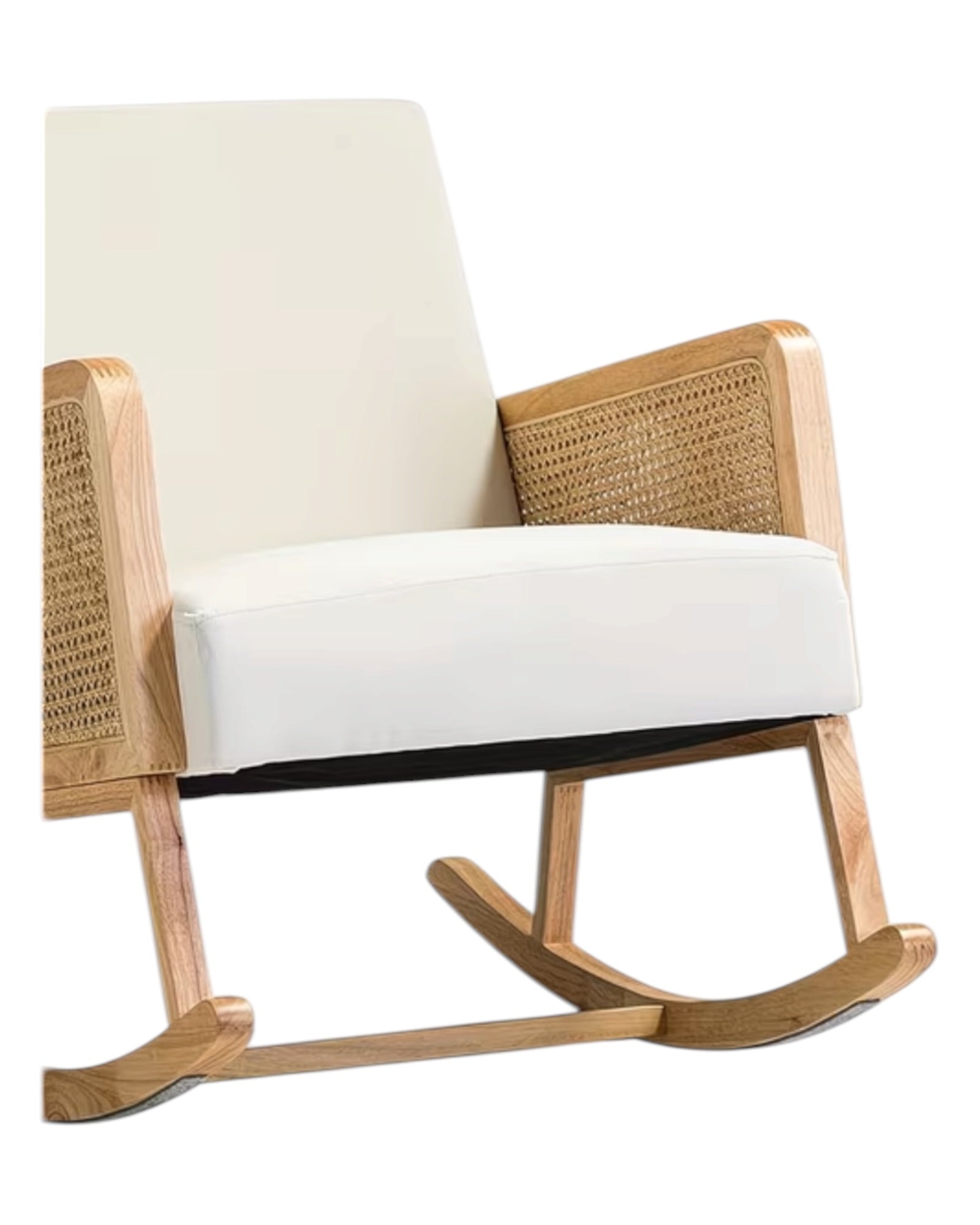 Cream rattan rocking chair from Starlight Express, showcasing a stylish, comfortable furniture piece with curved armrests and a smooth rocking motion.