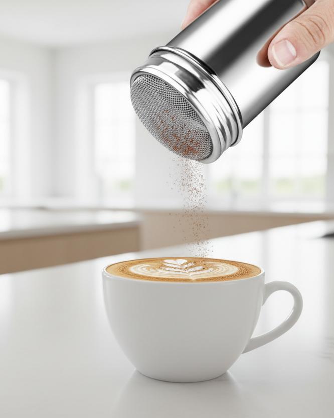 Starlight Express silver coffee chocolate shaker for kitchen and dining, with a sleek metallic finish and compact design.