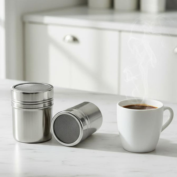 Starlight Express silver coffee and chocolate shaker for kitchen and dining, featuring a sleek stainless steel design.