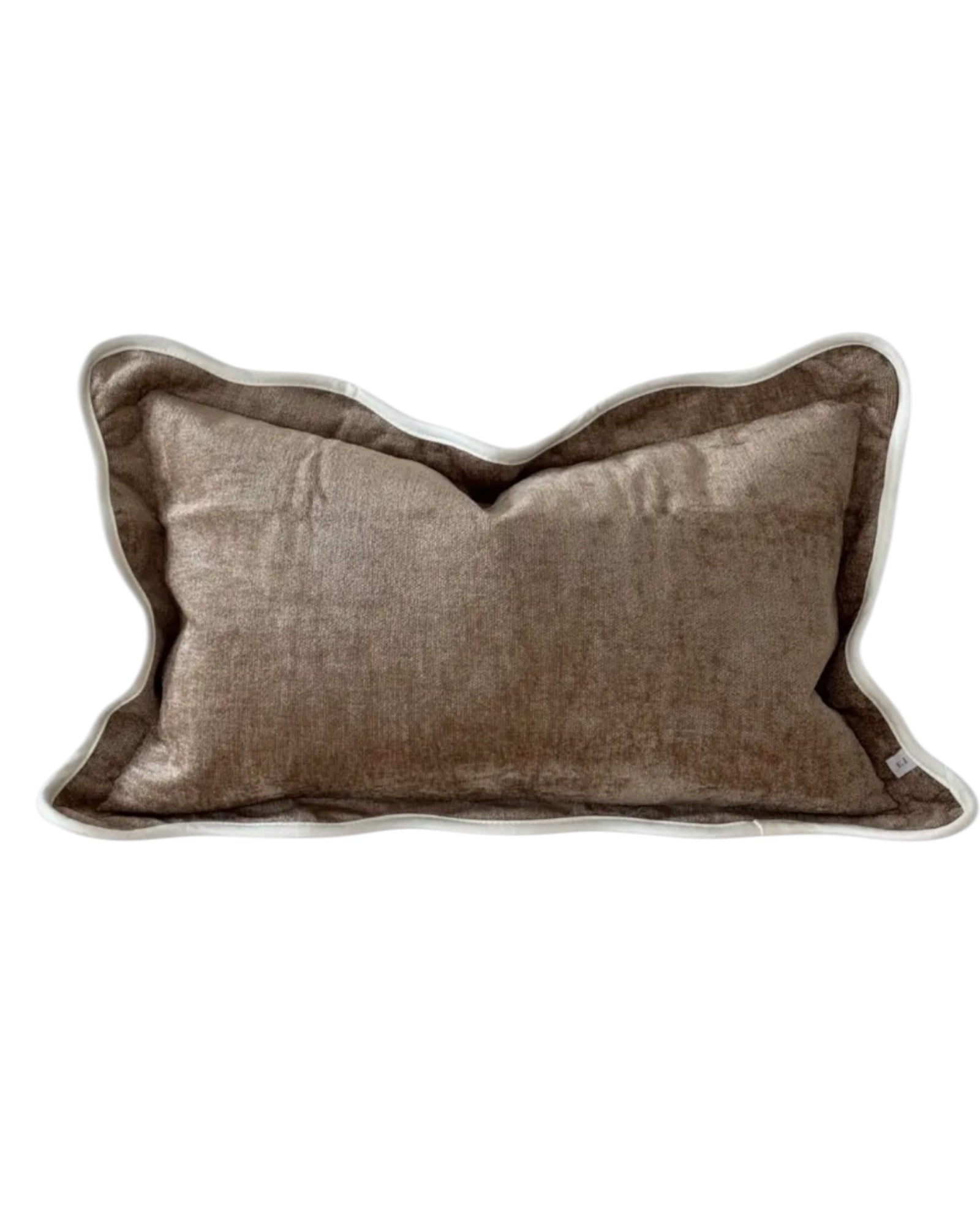 Chloe coffee brown and cream scalloped edge rectangle cushion cover by Ellenvale Trade, soft furnishings, with decorative scalloped trim.