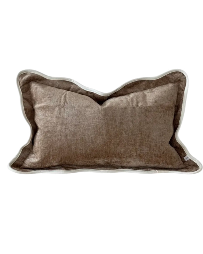 Chloe coffee brown and cream scalloped edge rectangle cushion cover by Ellenvale Trade, soft furnishings, with decorative scalloped trim.