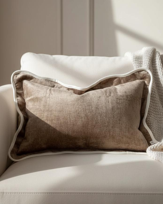 Chloe coffee brown and cream scalloped edge rectangle cushion cover by Ellenvale Trade, soft furnishings for stylish home decor.