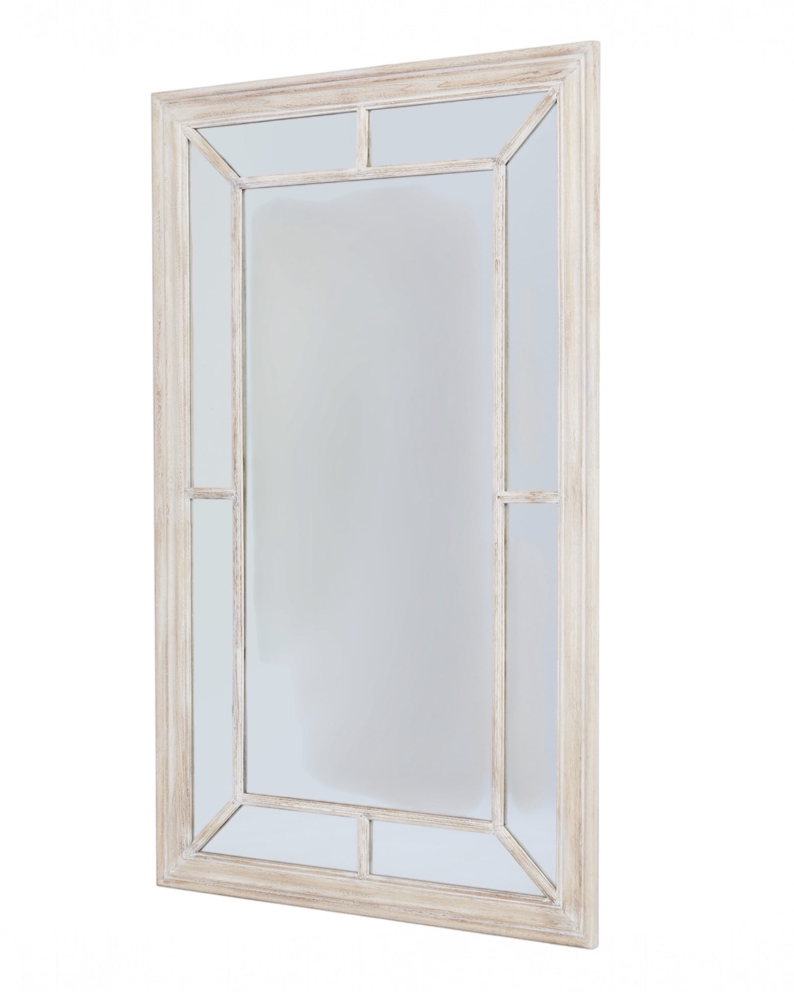 Washed wood framed window mirror by Hill Interiors, featuring a rustic wooden frame and clear reflective glass.