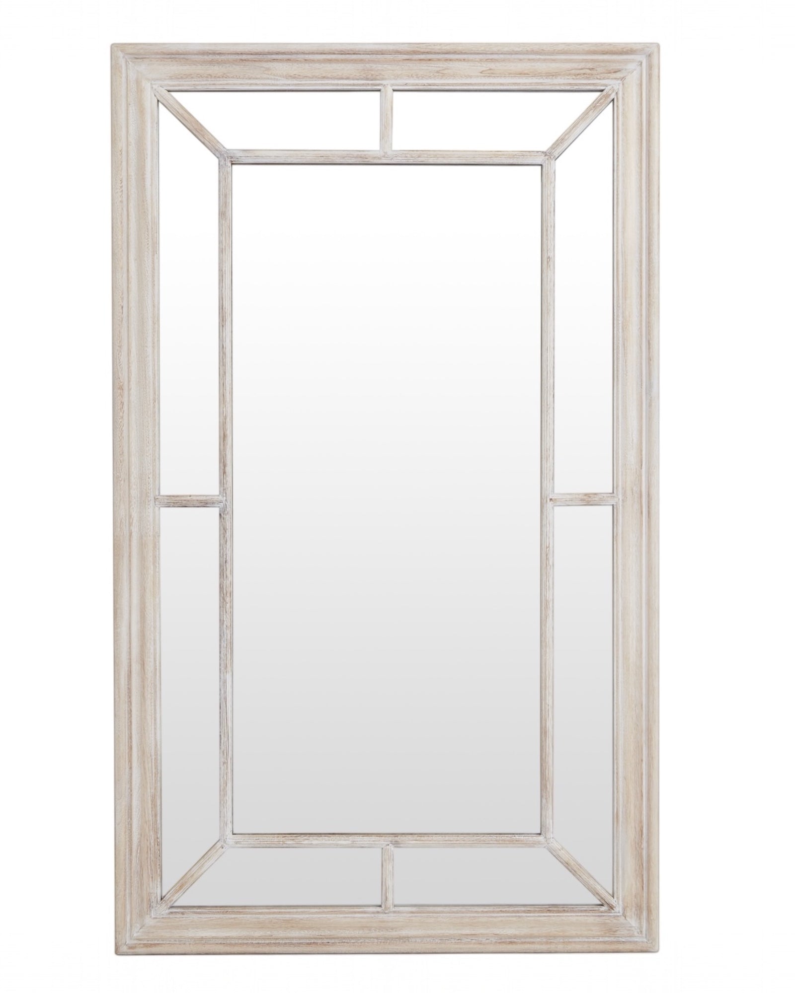 Washed wood framed window mirror from Hill Interiors, showcasing a rustic wooden frame and reflective glass surface for home decor.