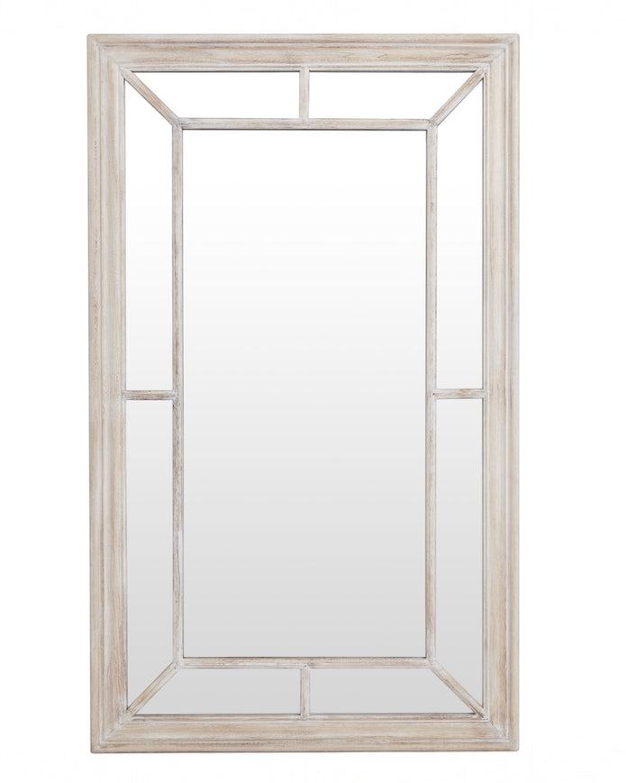 Washed wood framed window mirror from Hill Interiors, showcasing a rustic wooden frame and reflective glass surface for home decor.