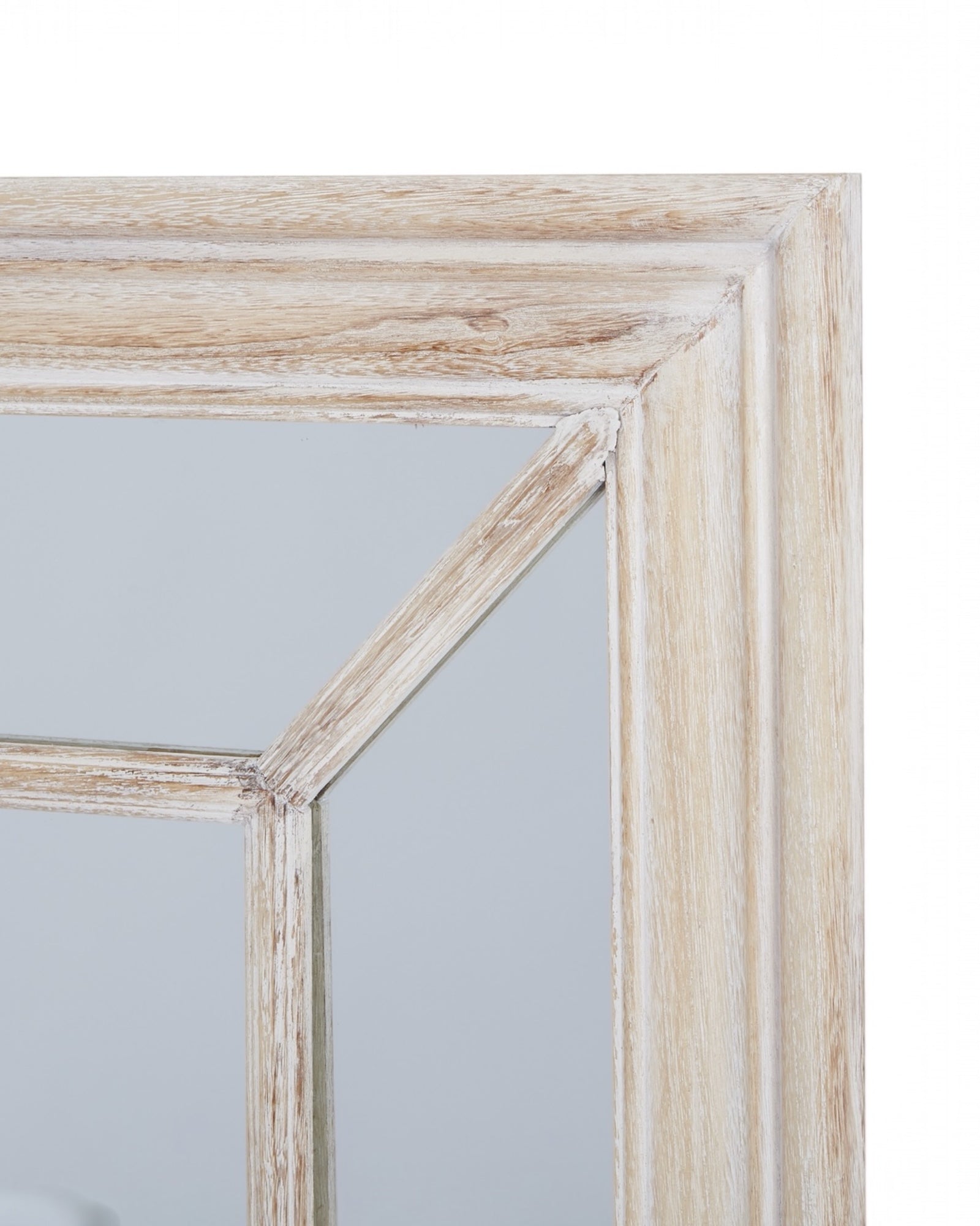 Washed wood framed window mirror from Hill Interiors, featuring a rustic wooden frame and reflective glass surface.