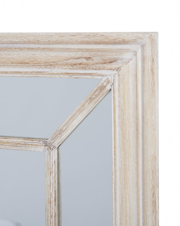 Washed wood framed window mirror from Hill Interiors, featuring a rustic wooden frame and reflective glass surface.