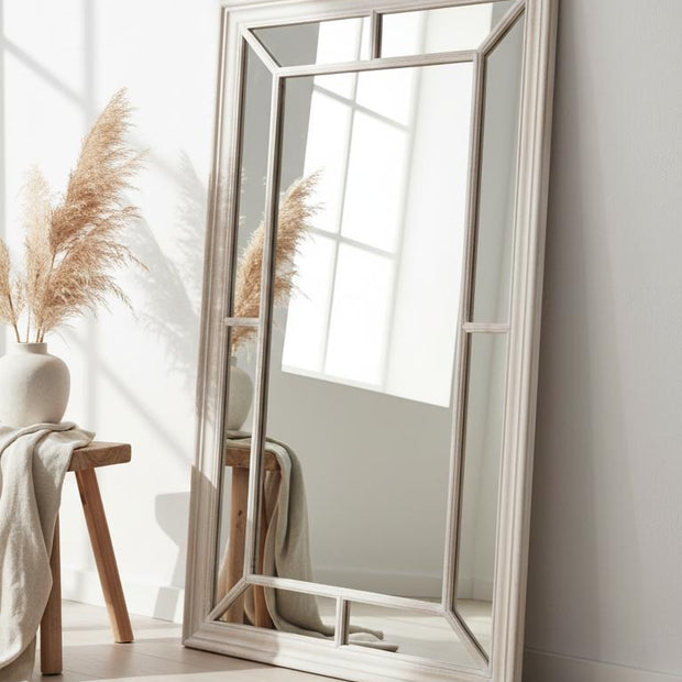 Washed wood framed window mirror from Hill Interiors, featuring a rustic wooden design and reflective glass surface.