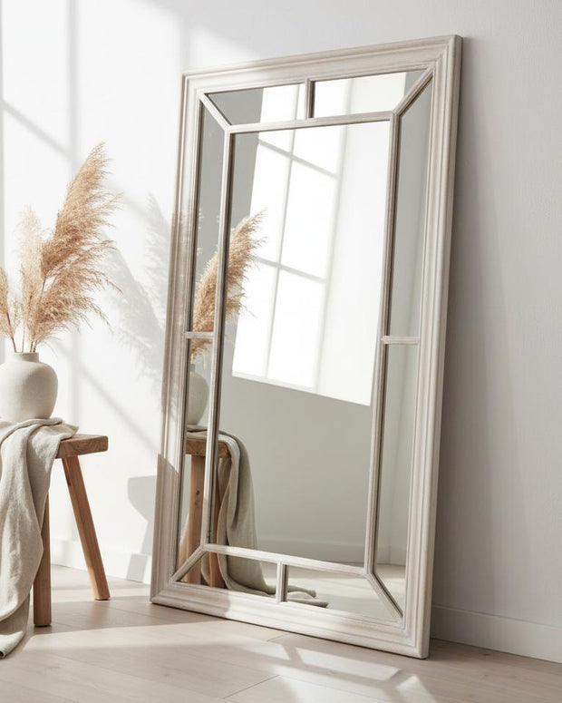 Washed wood framed window mirror from Hill Interiors, featuring a rustic wooden design and reflective glass surface.