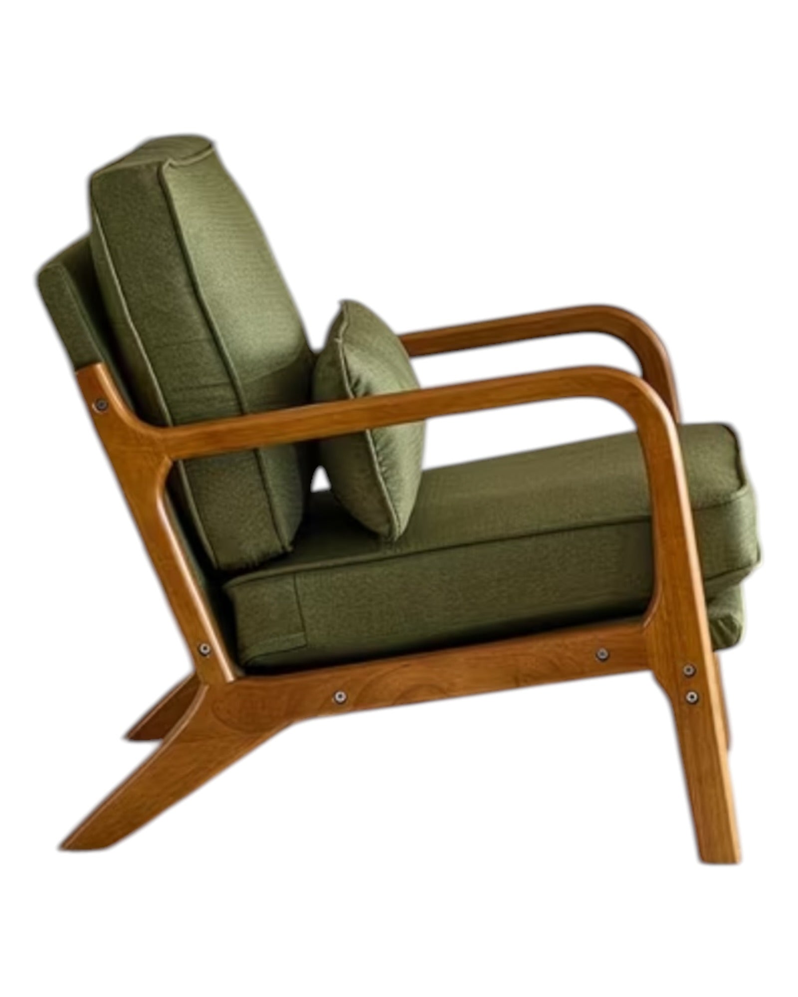 Green retro wooden framed arm chair with cushioned seat and backrest, featuring vintage-inspired design, by Starlight Express.