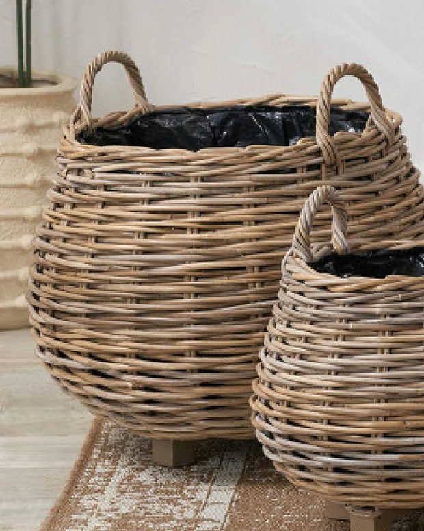 Set of Rattan Kubu luxury lined round bulbous storage baskets for home decor by Pacific Lifestyle Ltd, showing woven rattan design.
