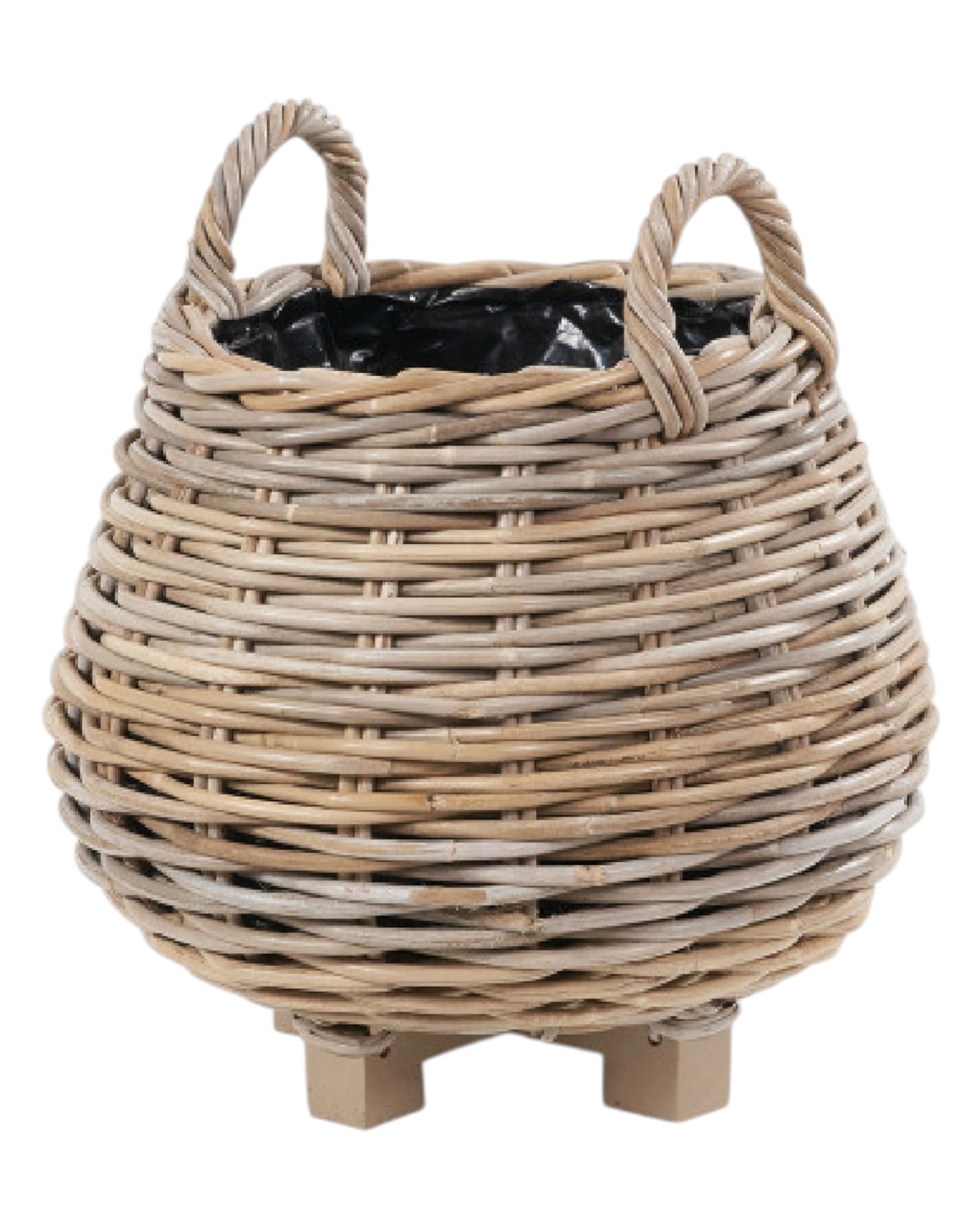 Rattan Kubu luxury lined round bulbous storage baskets for home decor, showcasing woven natural rattan with lining details.