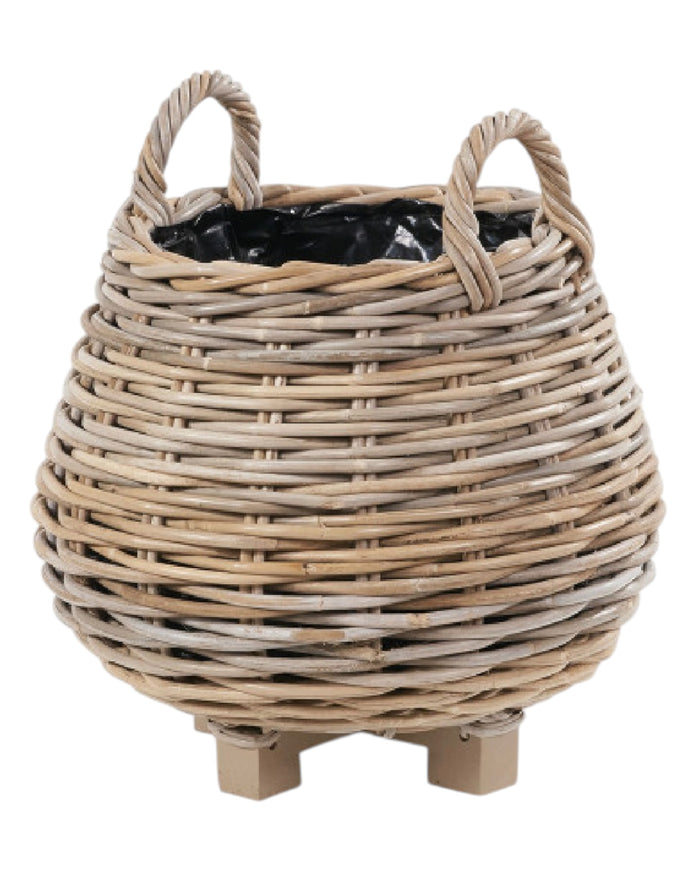 Rattan Kubu luxury lined round bulbous storage baskets for home decor, showcasing woven natural rattan with lining details.