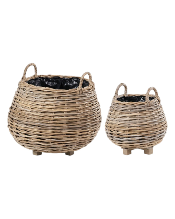 Rattan Kubu luxury lined round bulbous storage basket from Pacific Lifestyle Ltd, showcasing woven natural rattan design and soft lining.