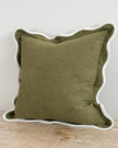 Olive green square cushion cover with scalloped edges, soft furnishings from Ellenvale Trade, showcasing intricate stitching and fabric texture.