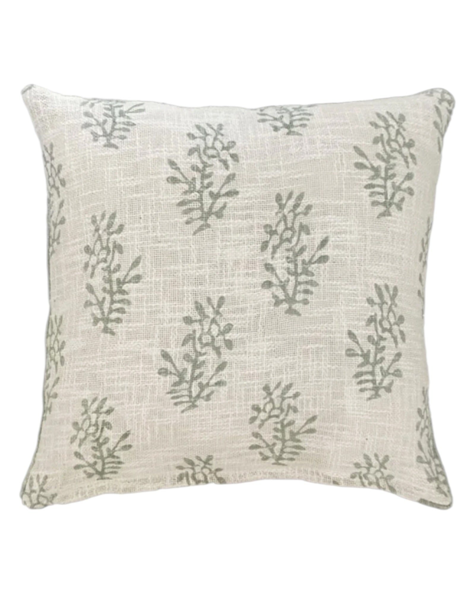 Sage green block flower cushion cover by Malini, soft furnishings with floral pattern, fabric texture visible.