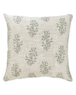 Sage green block flower cushion cover by Malini, soft furnishings with floral pattern, fabric texture visible.