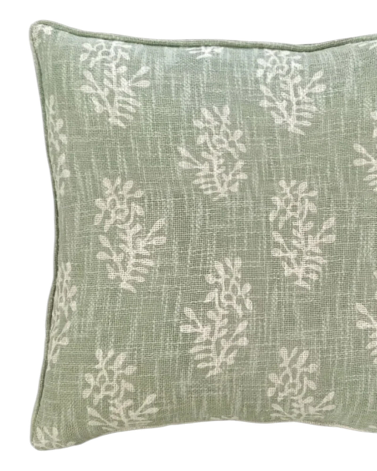 Sage green block flower cushion cover from Malini, soft furnishings with floral pattern and vibrant color.