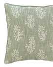 Sage green block flower cushion cover from Malini, soft furnishings with floral pattern and vibrant color.