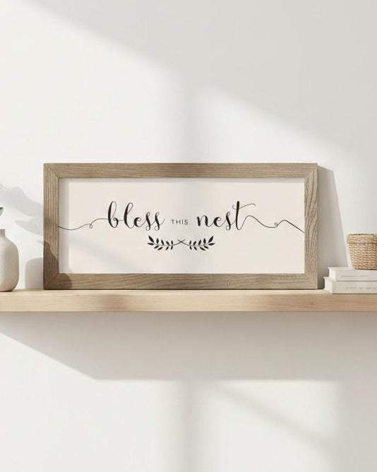 Rustic wooden wall art sign by Brayden and Brooks with "Bless This Nest" in a medium frame, featuring natural wood grain and farmhouse style.