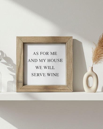 Rustic wooden small framed wall art sign by Brayden and Brooks with "As For My House We Will Serve Wine" message.