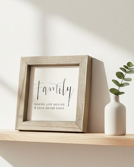 Rustic wooden small framed wall art sign by Brayden and Brooks with "Family Where Life" inscription for home decor.