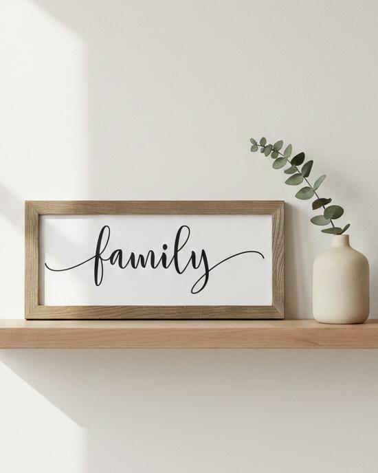 Rustic wooden medium framed wall art sign with "Family" by Brayden and Brooks, showcasing a natural wood finish and decorative design.