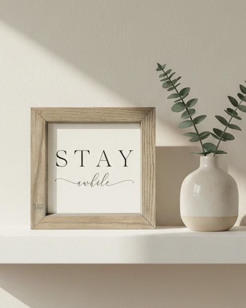 Rustic wooden small framed wall art sign by Brayden and Brooks with "Stay Awhile" message, ideal for cozy home decor.