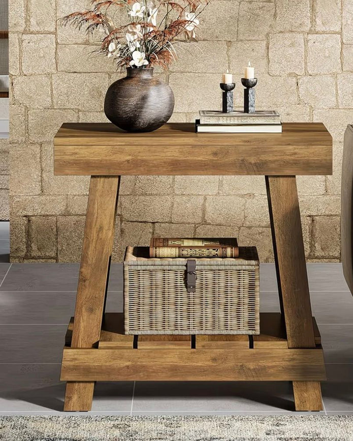Rustic natural wood effect side lamp table by Starlight Express, featuring a sturdy wooden surface and simple design.