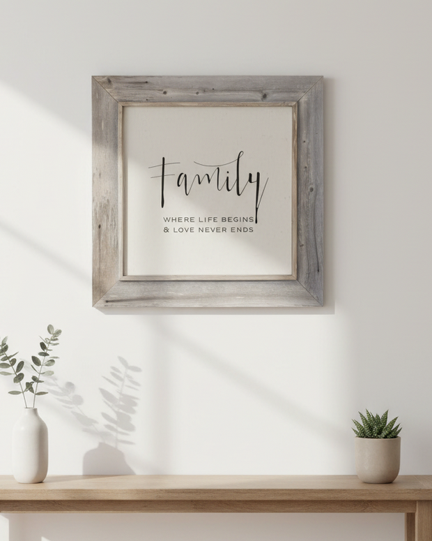 Whitewashed wooden rustic wall art sign by Brayden and Brooks, featuring "Family Where Life Begins" in large framed design.