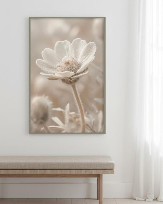 Large neutral botanical wall art print featuring daisies by Brayden and Brooks, framed and ready for wall display.