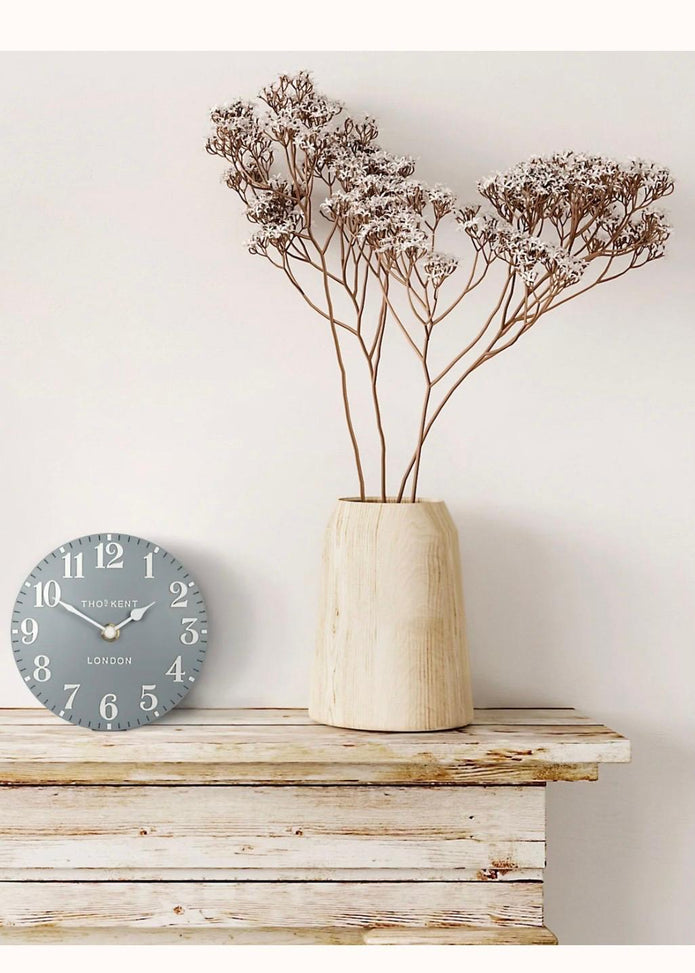 Gallery Direct Thomas Kent 6-inch Arabic mantle clock in Flax Blue with a classic clock face and elegant design.