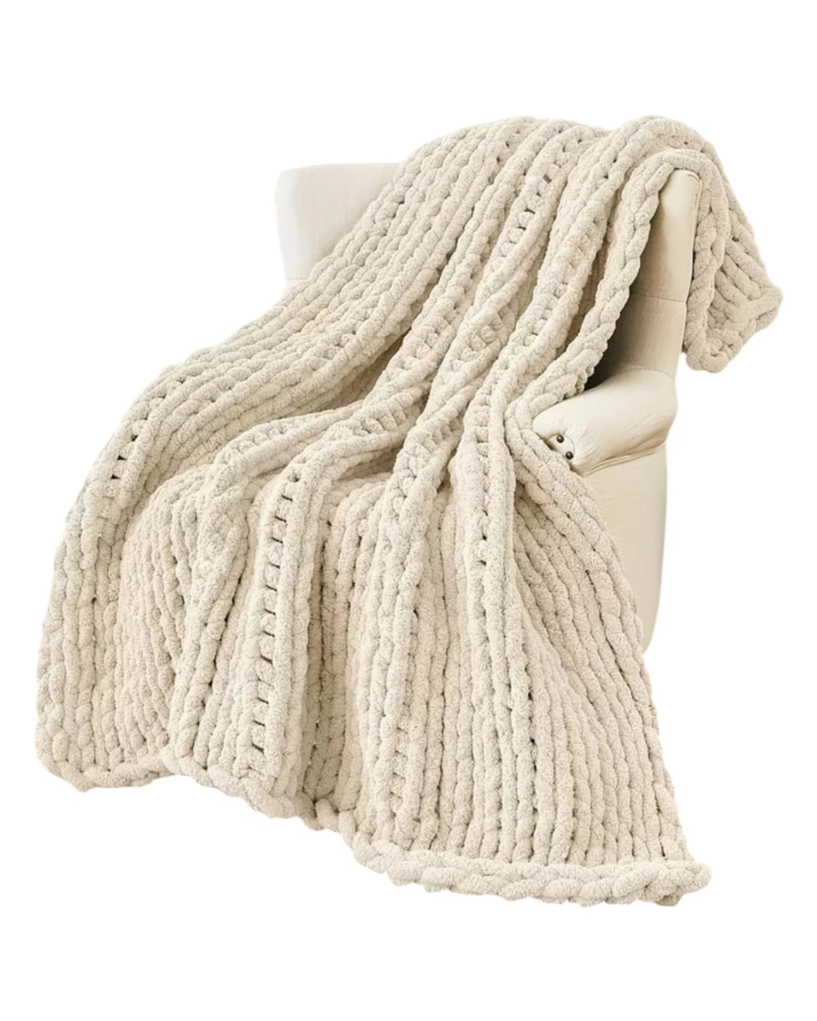 Cream chenille chunky knit blanket throw from Starlight Express, showcasing soft, cozy woven texture for comfortable home decor.