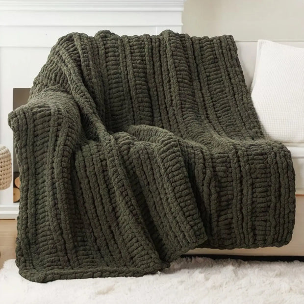 Olive green chunky chenille knit throw blanket by Starlight Express, soft and cozy for home decor or lounging.