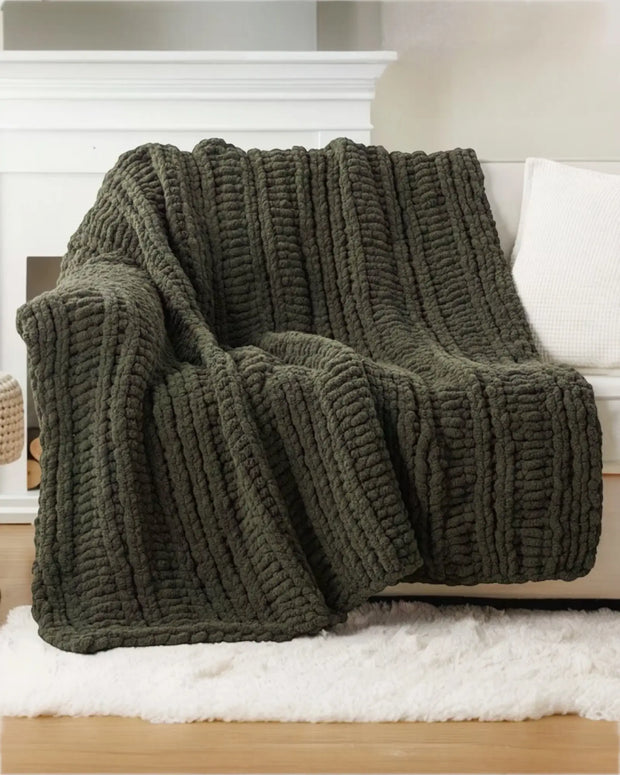 Olive green chunky chenille knit throw blanket by Starlight Express, soft and cozy for home decor or lounging.