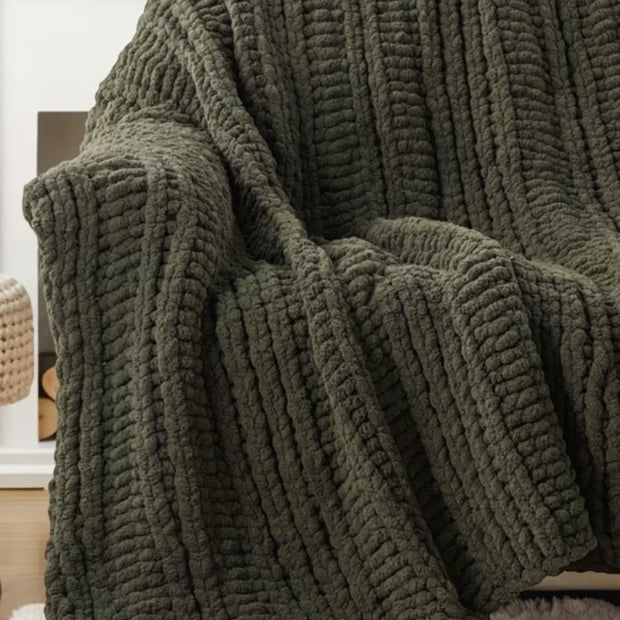 Olive green chunky chenille knit throw blanket from Starlight Express, soft and cozy furnishings for living room or bedroom.