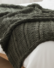 Olive green chunky chenille knit throw blanket from Starlight Express, soft and cozy for living room decor.