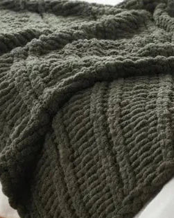 Olive green chunky chenille knit throw blanket from Starlight Express, soft and cozy for living room or bedroom decor.