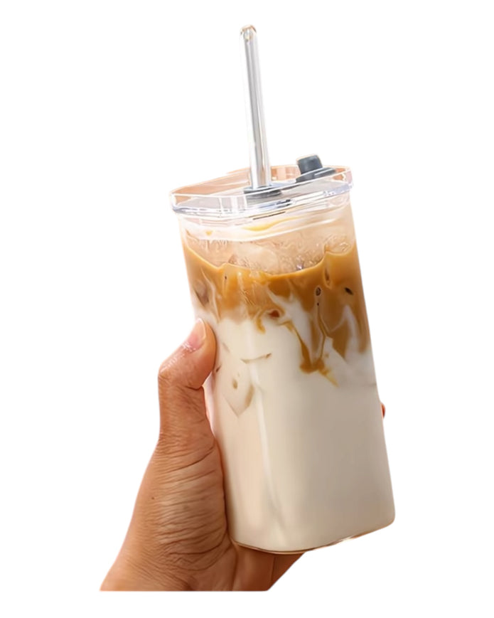 Square glass coffee cup with lid and straw from Starlight Express, featuring clear glass and a sleek modern design.