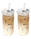 Square glass coffee cup with lid and straw by Starlight Express, showcasing its modern design and clear glass material.