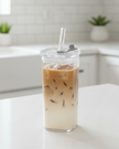 Square glass coffee cup with lid and straw by Starlight Express, clear glass design for kitchen and dining use