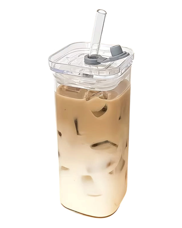 Square glass coffee cup with lid and straw by Starlight Express, showing the clear glass design and matching accessories.