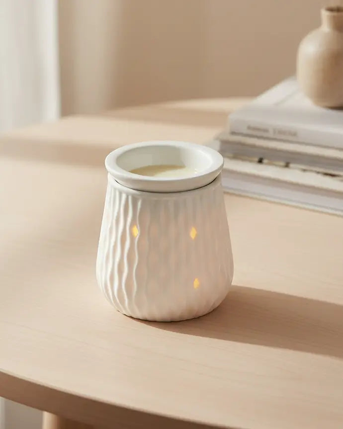 White ripple ceramic electric wax melt burner by Devon Wick, designed for melting scented wax melts in a stylish ceramic finish.